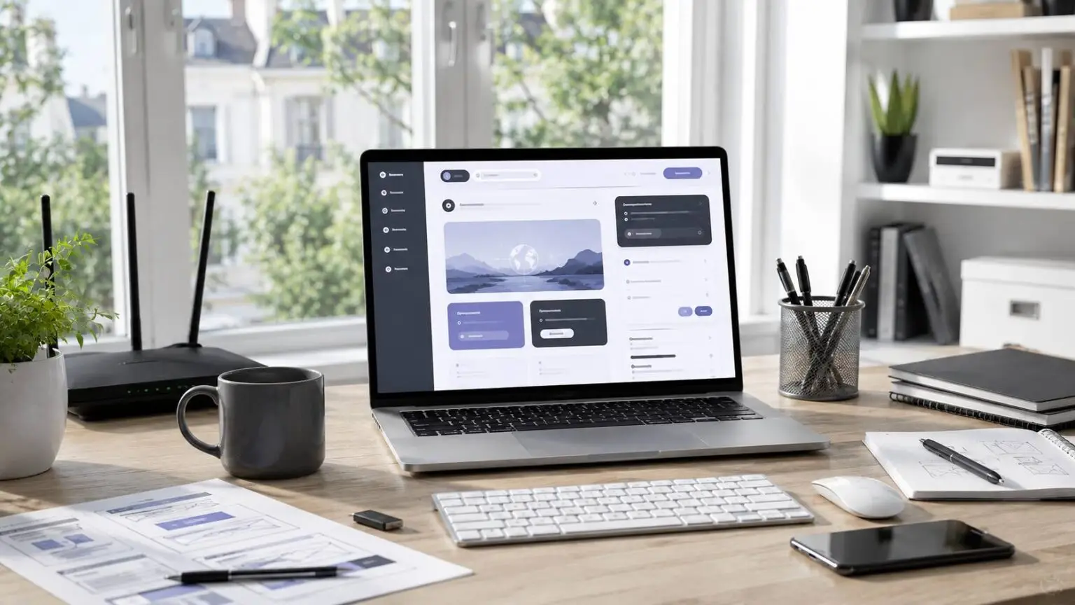 Moderne digitale werkplek met laptop en technologie voor een platform over internet en websites.