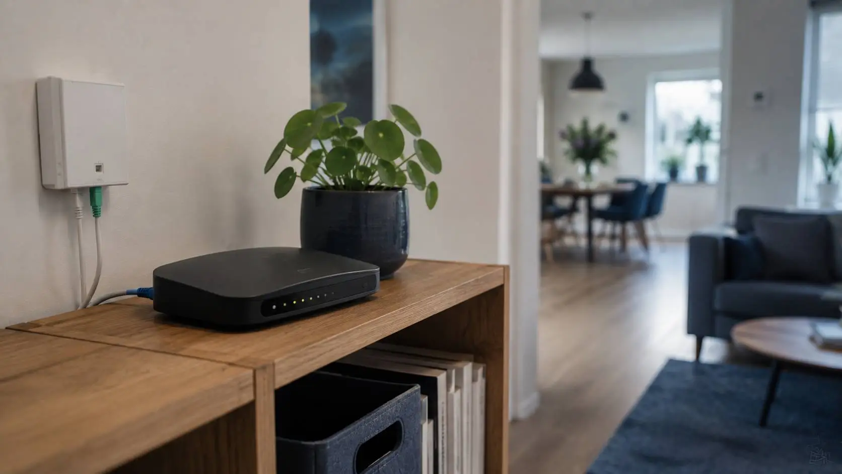 Wifi-router en glasvezelaansluiting voor een stabiele internetverbinding thuis. contact Internetervaring