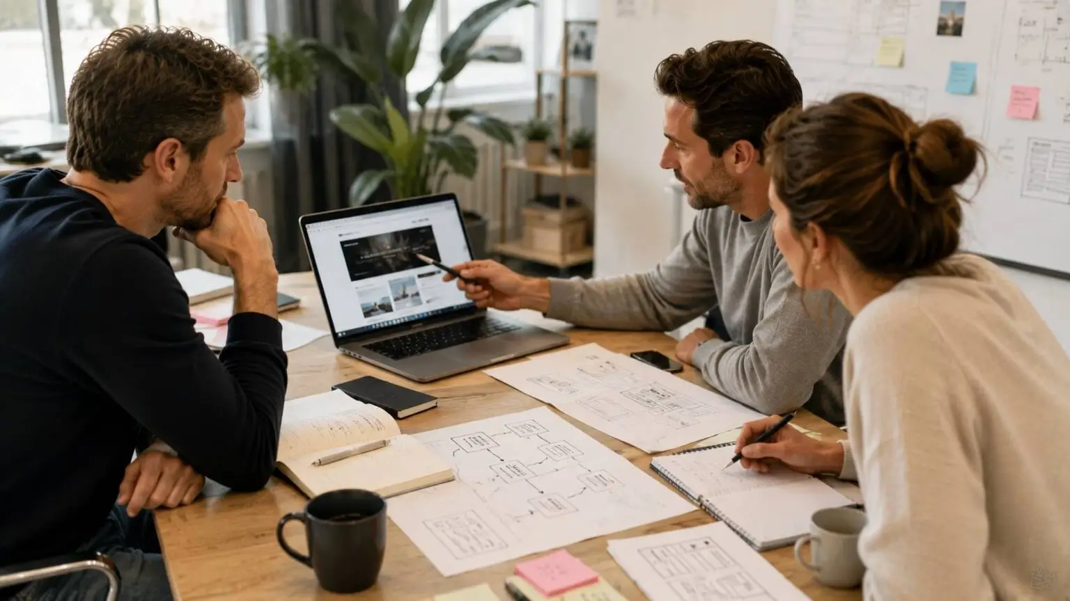 Digitale professionals bespreken samen websites en online gebruikerservaringen.